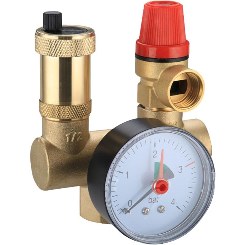 foto del prodotto xvx kit sicurezza bollitore acqua calda, attacco filettato 1 e 3 4 6 bar, con valvola di non ritorno, valvola di scarico, manometro,