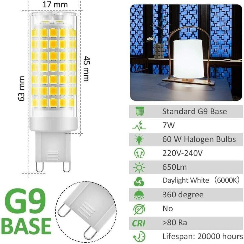 foto del prodotto xvx lampadina led g9 7w, 430lm, bianco freddo 6000k, 220 240v, non dimmerabile, risparmio energetico, per illuminazione a soffitto, camera da letto