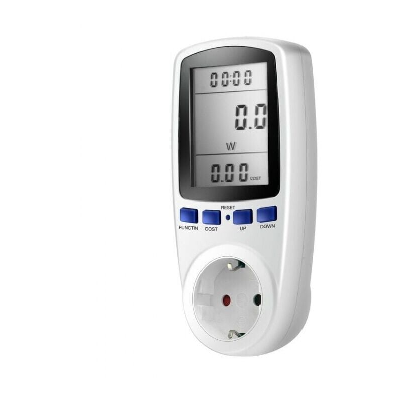 foto del prodotto xvx presa bianca con contatore di energia, display lcd, 16a, 230v, 50hz, consumo energetico, corrente, tensione, potenza massima 3680w