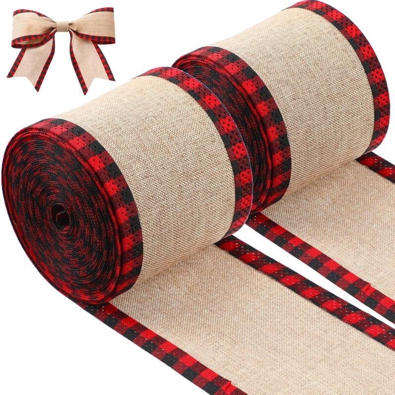 foto del prodotto xvx rotoli di nastro natalizio scozzese a quadri, bordo rinforzato, nastro per albero di natale, bordo tartan, nastro di iuta, 6 cm x 6 m
