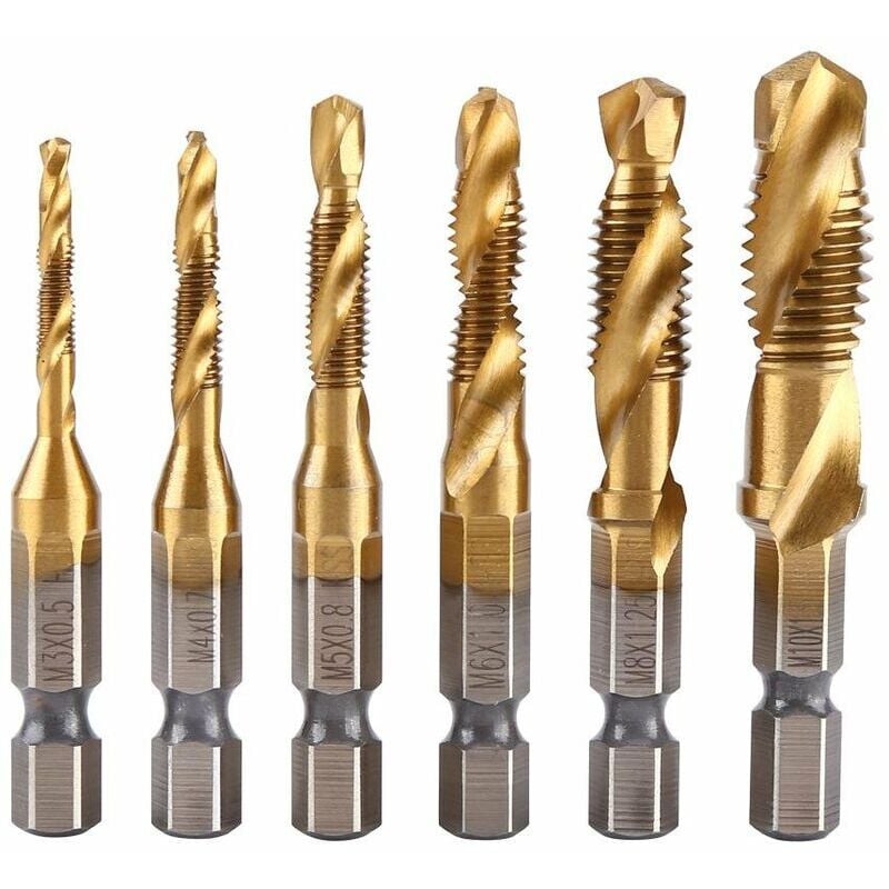foto del prodotto xvx rubinetto da 6 pezzi, rubinetto, filettatura metrica m3 m10 con rivestimento in titanio hss e rubinetto da 1 4 con gambo esagonale per