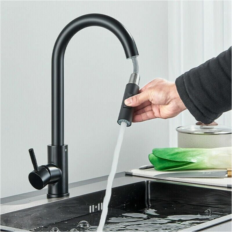 foto del prodotto xvx rubinetto da cucina nero, rubinetto da cucina a 2 modalit , rubinetto telescopico, beccuccio girevole a 360 , acciaio inossidabile 304