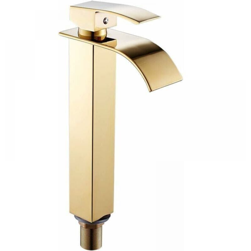 foto del prodotto xvx rubinetto per lavabo a cascata, miscelatore a beccuccio piatto, rubinetto per acqua calda e fredda, stile moderno cromato alto, oro 