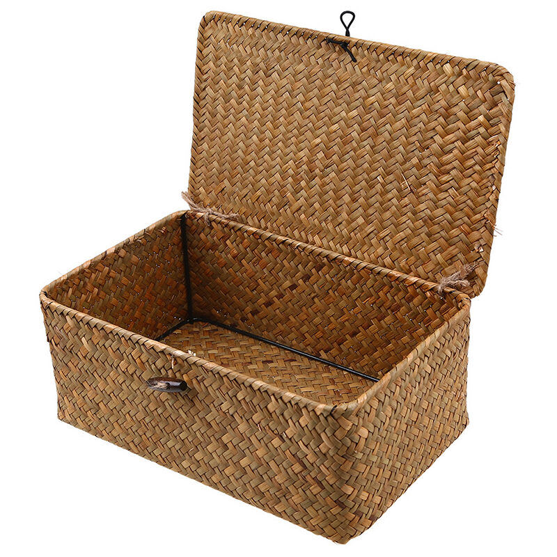 foto del prodotto xvx scatola portaoggetti in rattan intrecciato con coperchio cestini per la biancheria in erba marina organizer per trucchi per bagno,