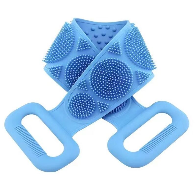foto del prodotto xvx spazzola da bagno blu, spazzola lunga in silicone per la schiena, spazzola doppia in silicone per la schiena, spazzola esfoliante per la