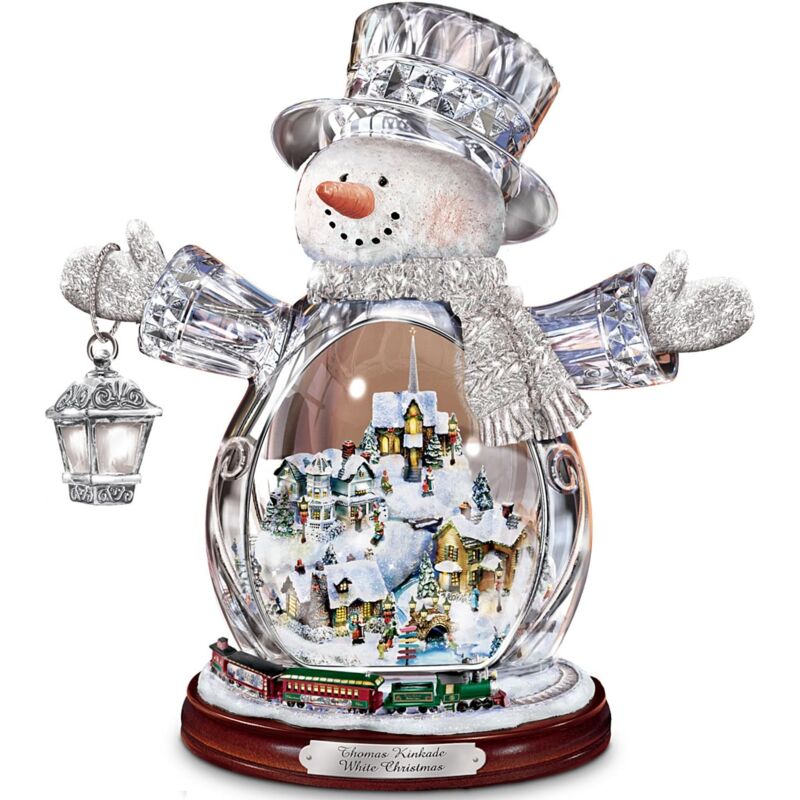 foto del prodotto xvx statuetta di pupazzo di neve in cristallo thomas kinkade con villaggio illuminato e treno animato di the bradford editions