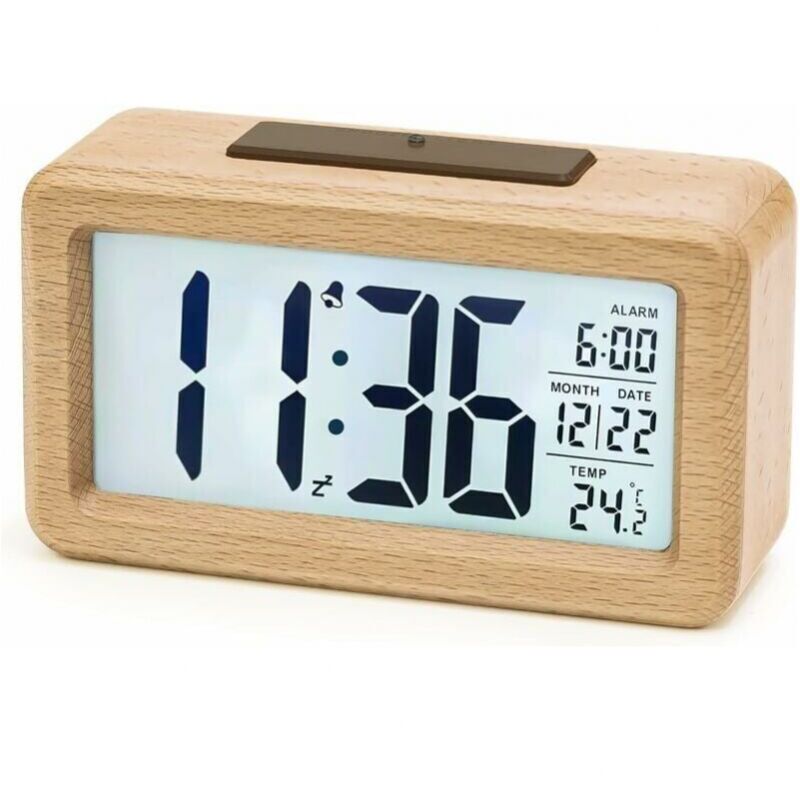 foto del prodotto xvx sveglia digitale in legno, sveglia a led, orologio digitale senza ticchettio con visualizzazione della data, della temperatura e funzione