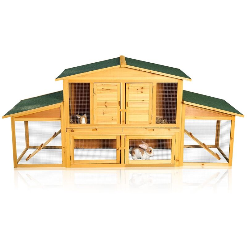 foto del prodotto xxl conigliera da esterno, resistente all inverno, con ruota libera, 215 x 73 x 100 cm, in legno con cassetti per una facile pulizia melko