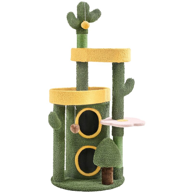 foto del prodotto yaheetech albero tiragraffi per gatti 123 cm con condomini posatoi 2 palle da gioco a forma di cactus torre da interno verde e giallo