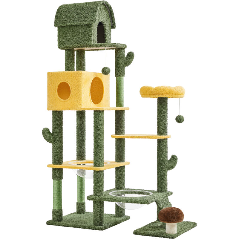 foto del prodotto yaheetech albero tiragraffi per gatti 174 cm torre per gatti adulti con condomini cestini posatoio a forma di cactus a pi livelli verde e giallo