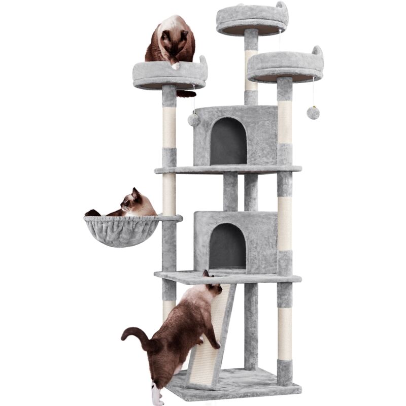 foto del prodotto yaheetech albero tiragraffi per gatti 193 cm con 3 posatoi condomini palle cestino 7 corde di sisal tiragraffi gioco giocattolo grigio chiaro