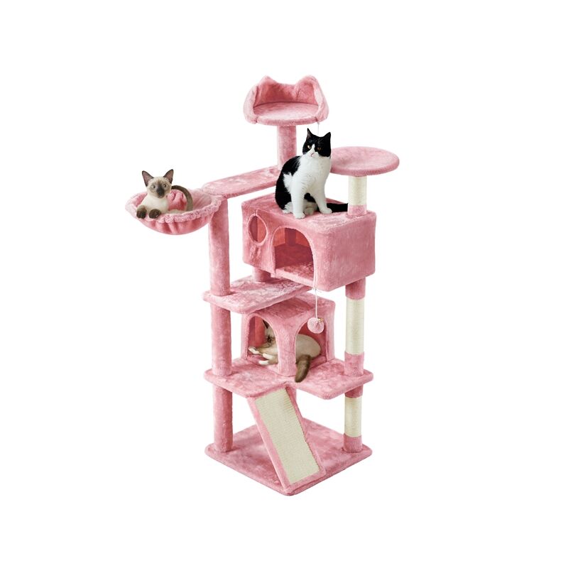 foto del prodotto yaheetech albero tiragraffi per gatti cuccia gatto con casetta cesto trespolo multilivello palestra castello gioco altezza 144.5 cm rosa
