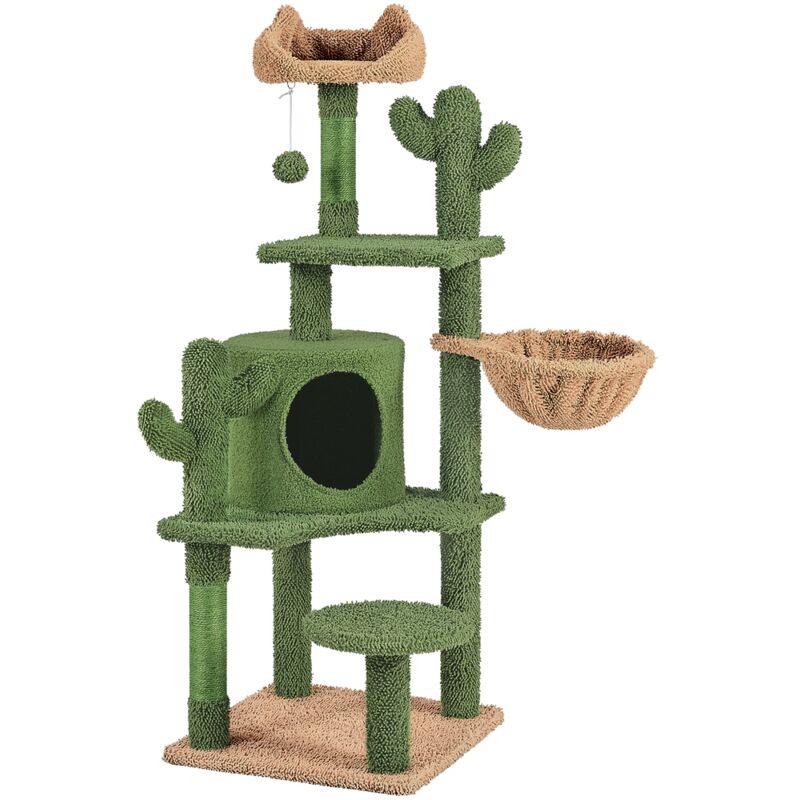 foto del prodotto yaheetech - albero tiragraffi per gatti torre a forma di cactus in peluche e sisal con cucce e pallina 48,5 cm 48,5 cm 135 cm verde e marrone