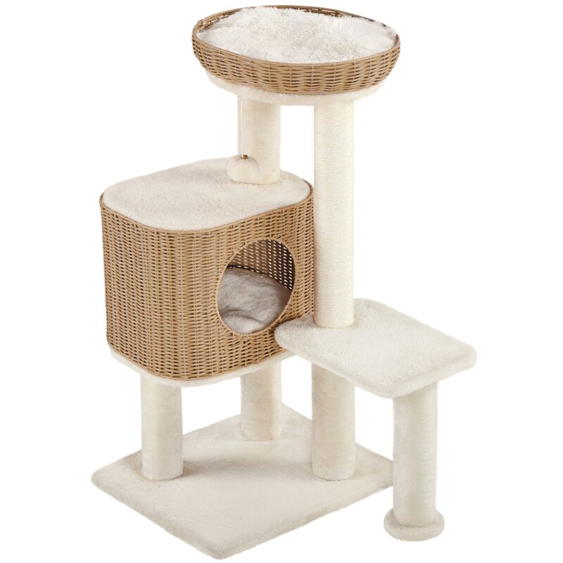 foto del prodotto yaheetech albero tiragraffi per gatti xxl in pe rattan, piattaforma e casetta 10kg con cuscini, ideale per gatti grandi, 91 49 41 cm, beige