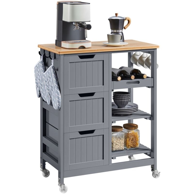 foto del prodotto yaheetech carrello cucina con ruote 3 cassetti 3 ripiani in legno e bamb salvaspazio porta microonde spezie 67cm x 37cm x 84,5 cm grigio scuro