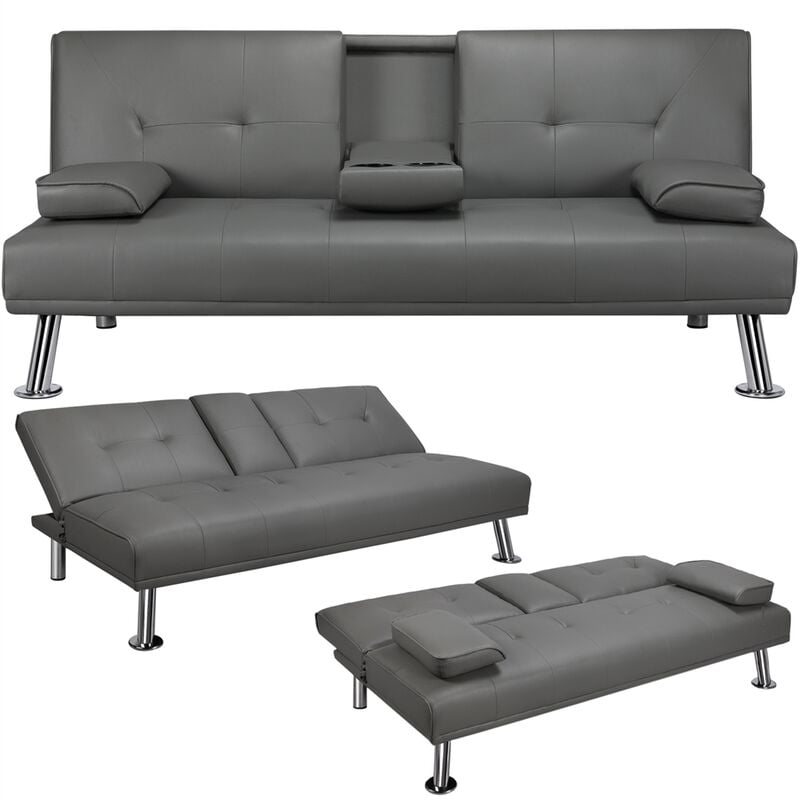 foto del prodotto yaheetech divano letto con 2 cuscini mobile divano convertibile in letto 167 81,5 75 cm da soggiorno grigio pelle