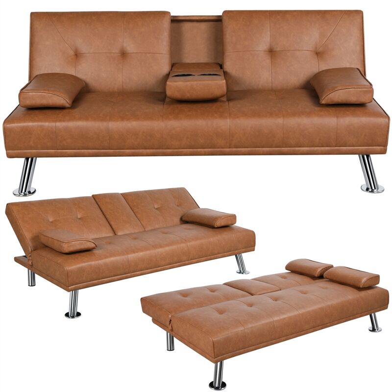 foto del prodotto yaheetech divano letto con 2 cuscini mobile divano convertibile in letto 167 81,5 75 cm da soggiorno marrone pelle