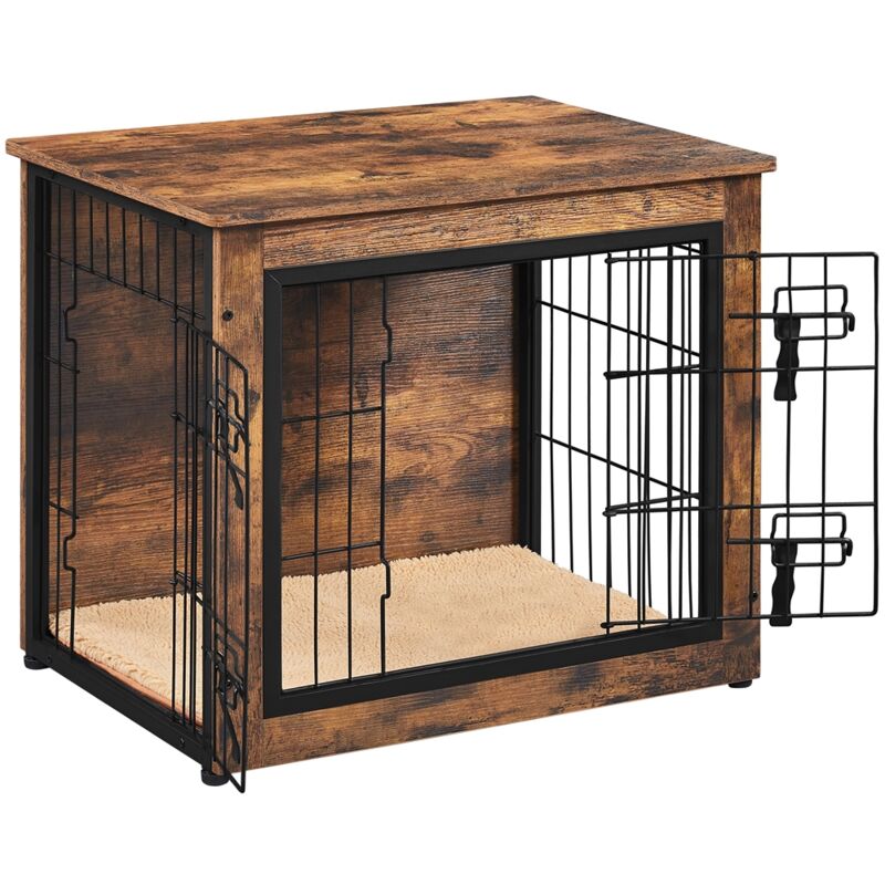 foto del prodotto yaheetech gabbia per cani gatti tavolino armadietto con doppie porte a rete in legno da interno 69 51 61 cm marrone rustico