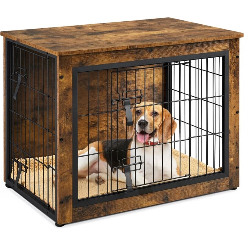 foto del prodotto yaheetech gabbia per cani kennel tavolino armadietto con doppie porte gatti a rete in legno da interno 80,5 x 55,5 x 64 cm marrone rustico