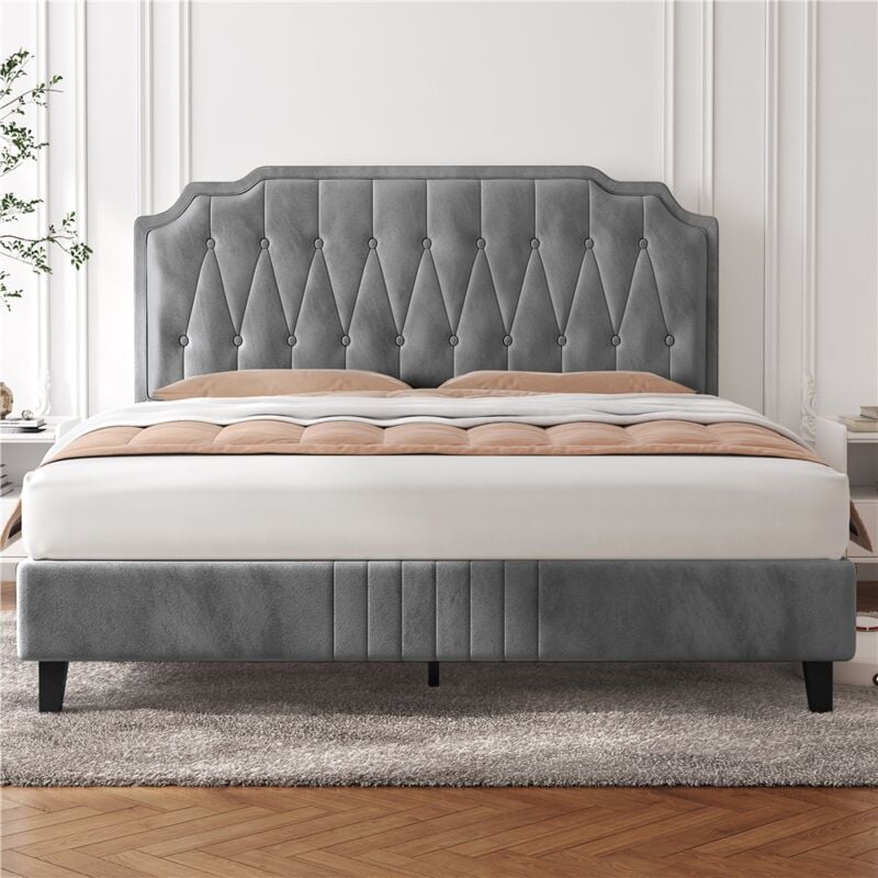 foto del prodotto yaheetech letto con testiera imbottita 31 cm altezza regolabile telaio con rete a doghe in legno e metallo chiaro grigio 140 x 200 cm