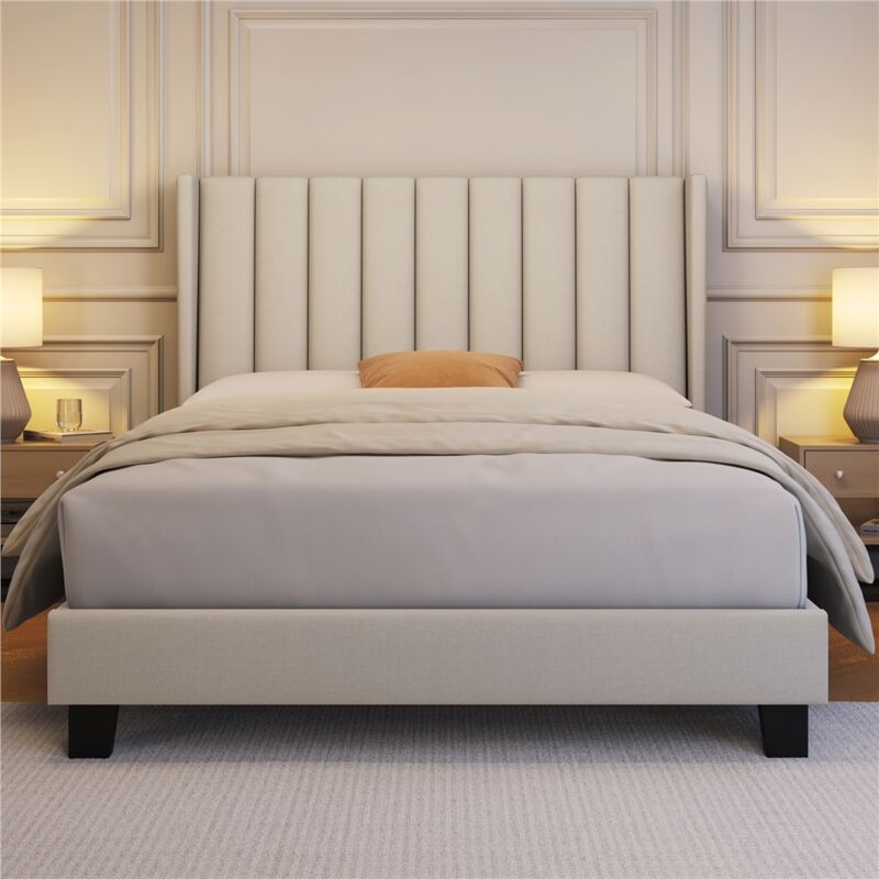 foto del prodotto yaheetech letto imbottito matrimoniale testiera a strisce con rete a doghe in legno e metallo beige 140 x 200 cm