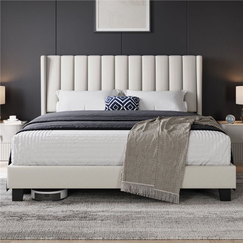 foto del prodotto yaheetech letto imbottito matrimoniale testiera a strisce con rete a doghe in legno e metallo beige 160 x 200 cm