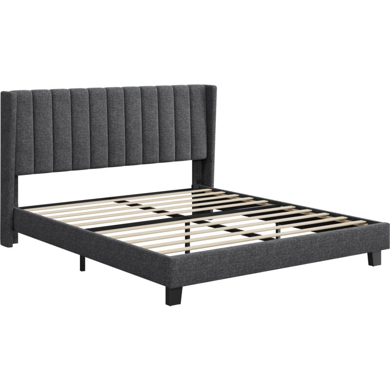 immagine 0 del prodotto yaheetech letto imbottito matrimoniale testiera a strisce con rete a doghe in legno e metallo grigio scuro 160 x 200 cm