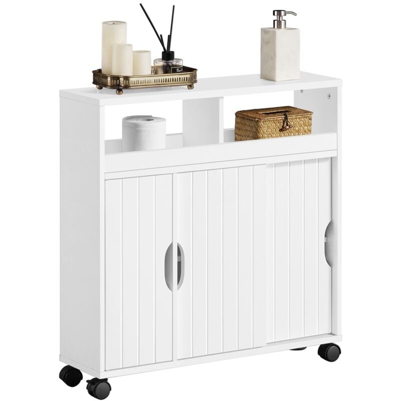 foto del prodotto yaheetech mobile da bagno con ruote armadietto da terra con ante scorrevole mobiletto in legno con ripiani multilivello 69,5 x 20 x 71,5 cm armadio