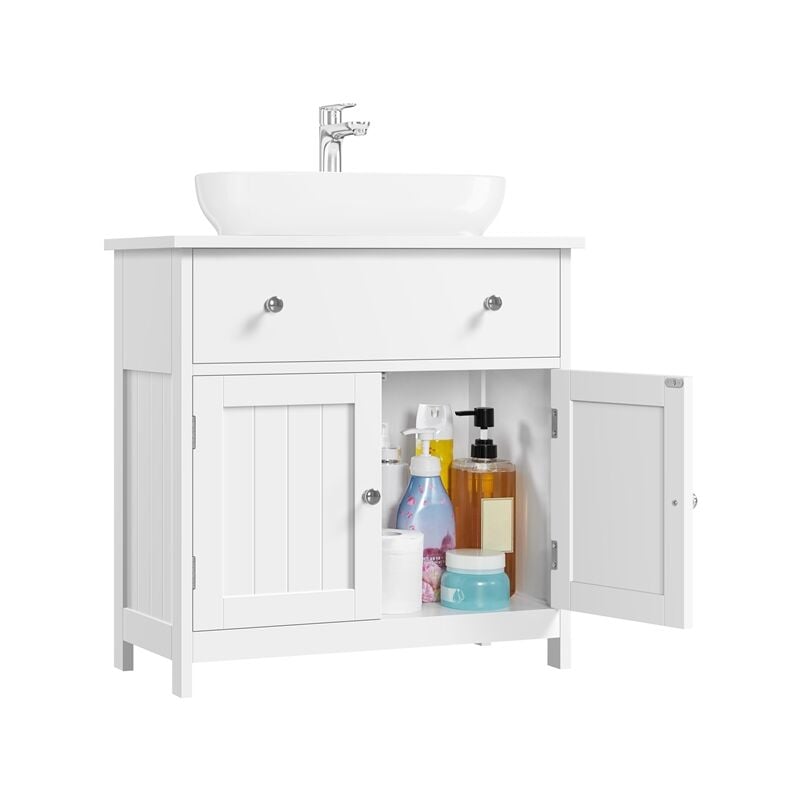 foto del prodotto yaheetech mobile da bagno sottolavabo mobiletto con cassetto e ripiano portaoggetti armadietto da terra per lavandino salvaspazio bianco