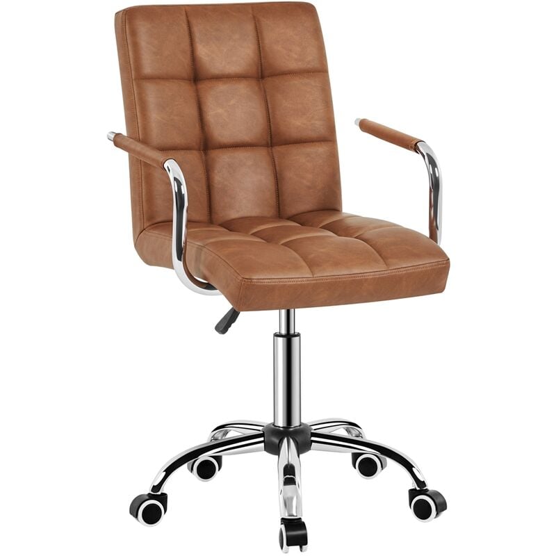 foto del prodotto yaheetech sedia da scrivania cameretta a rotelle girevole da ufficio imbottita ergonomica in ecopelle e acciaio altezza regolabile marrone vintage