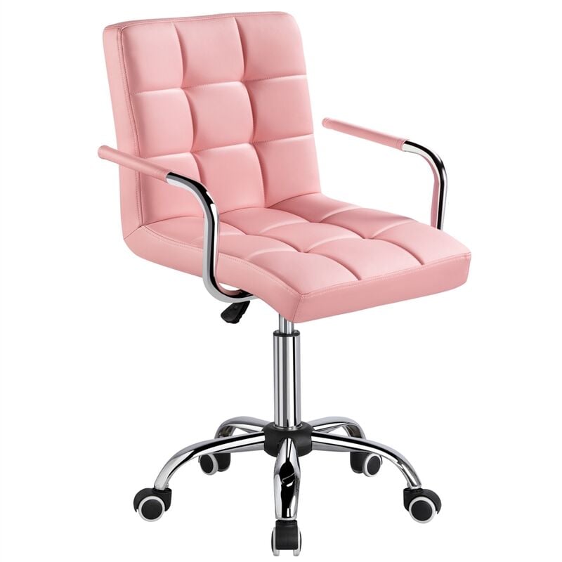 foto del prodotto yaheetech sedia da scrivania cameretta a rotelle girevole da ufficio imbottita ergonomica in ecopelle e acciaio altezza regolabile rosa