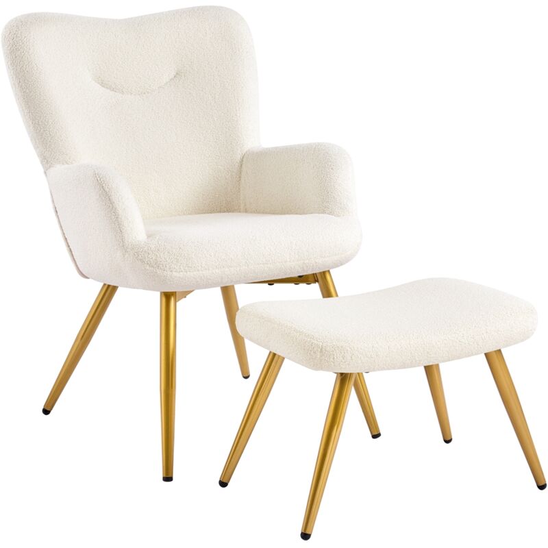 foto del prodotto yaheetech set poltrona da salotto con pouf poggiapiedi sedia imbottita in tessuto boucl e metallo poltrocina con schienale braccioli per