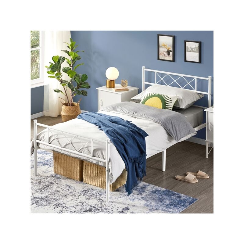 foto del prodotto yaheetech - struttura letto in metallo con testiera telaio con rete a doghe per camera dormitorio singolo 90 x 200 cm bianco