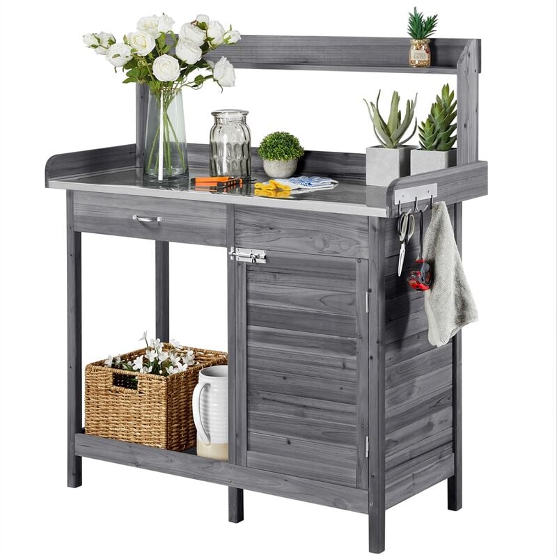 foto del prodotto yaheetech tavolo lavoro da giardino per piante in legno naturale con ripiano spazioso cassetto e armadietto banco per giardinaggio 112 x 46,5 x 125