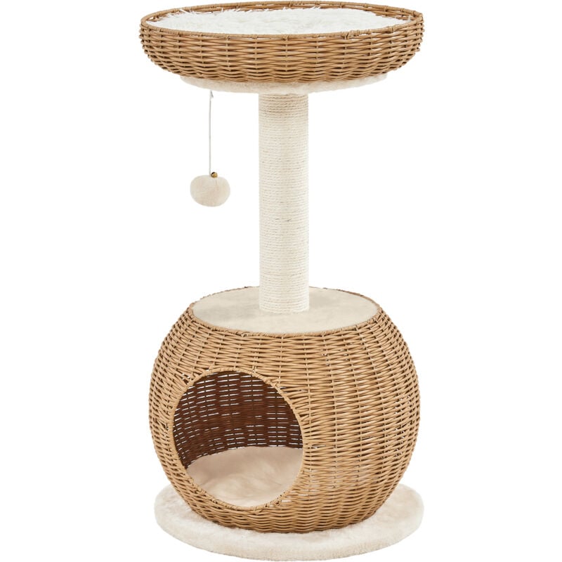 foto del prodotto yaheetech tiragraffi per gatti albero per gatti in rattan intrecciato trespolo cuccia per gatti con pallina gioco altezza 75cm beige