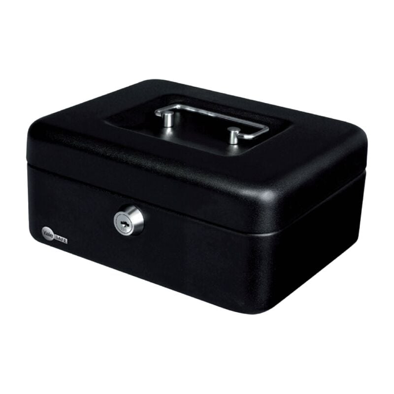 foto del prodotto yale cassetta portamonete piccola yycb 080 bb2 nera, con manico per il trasporto, organizzatore in contanti incluso, dimensioni 12x8x15 cm