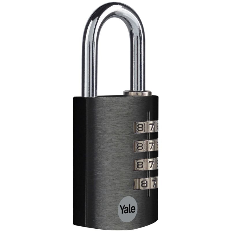 foto del prodotto yale lucchetto in alluminio a combinazione ye3cb 38 131 1 bk nero, corpo 38mm, arco in acciaio, combinazione a 4 cifre