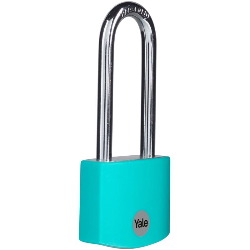 foto del prodotto yale lucchetto in alluminio con arco lungo ye3b 38 156 1 te verde acqua, corpo 38mm, 3 chiavi