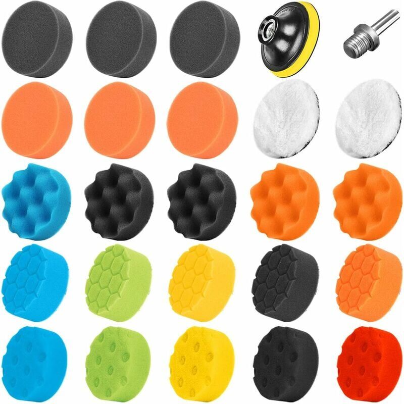 foto del prodotto ymyny 25 pezzi 80 mm tampone lucidante spugna lucidante kit di spugne lucidanti con punta da trapano m14 per levigatura auto lucidatura per