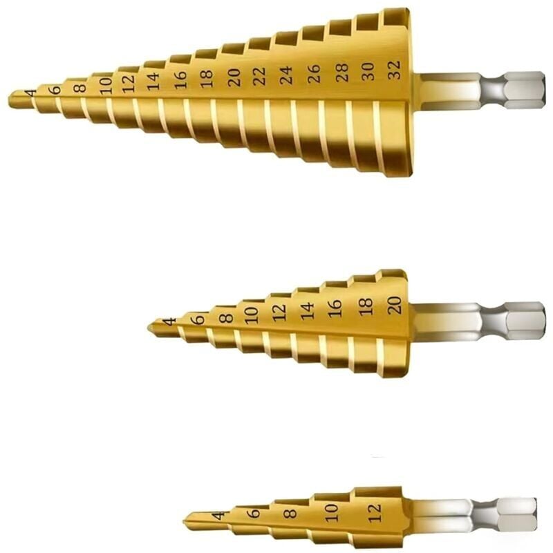 foto del prodotto ymyny 3 punte per trapano a gradini, punte per trapano coniche triangolari in titanio, 4 12 20 32 mm per foratura con cacciavite su acciaio,