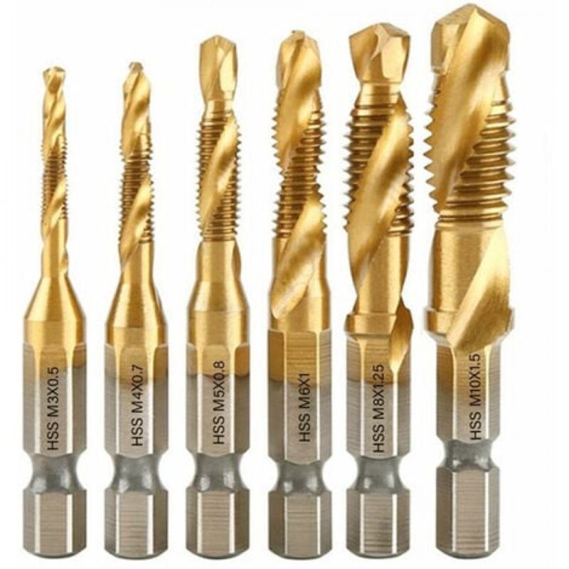 foto del prodotto ymyny 6 pezzi set di maschi per filettatura, punte per trapano per maschi, filettatura metrica m3 m10 hss maschio rivestito in titanio e punte per