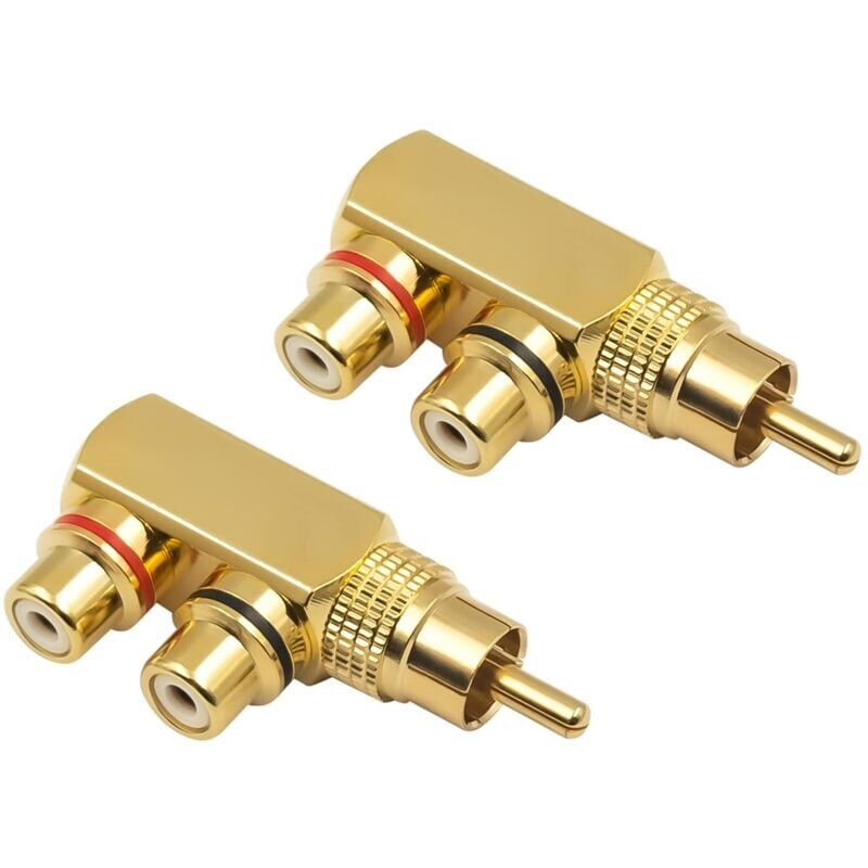 foto del prodotto ymyny adattatore splitter y rca connettore rca maschio a 90 gradi a 2 rca femmina per audio e video, jack dorato confezione da 2 