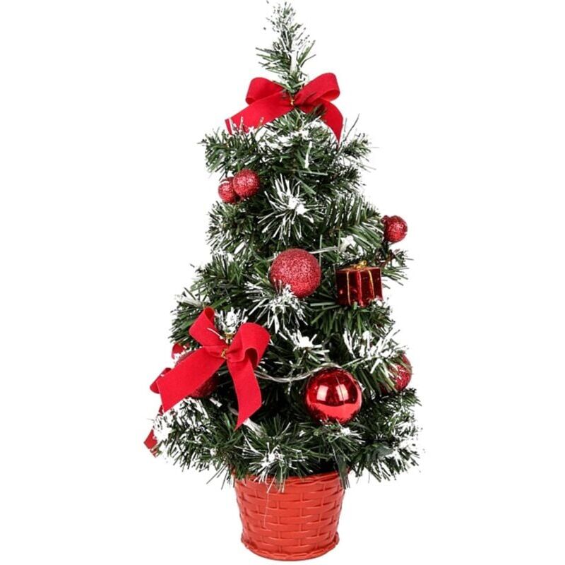 foto del prodotto ymyny albero di natale artificiale con neve bianca, piccolo albero di natale da tavolo da 40 cm con luci a led con fiocco e pigna per decorazioni