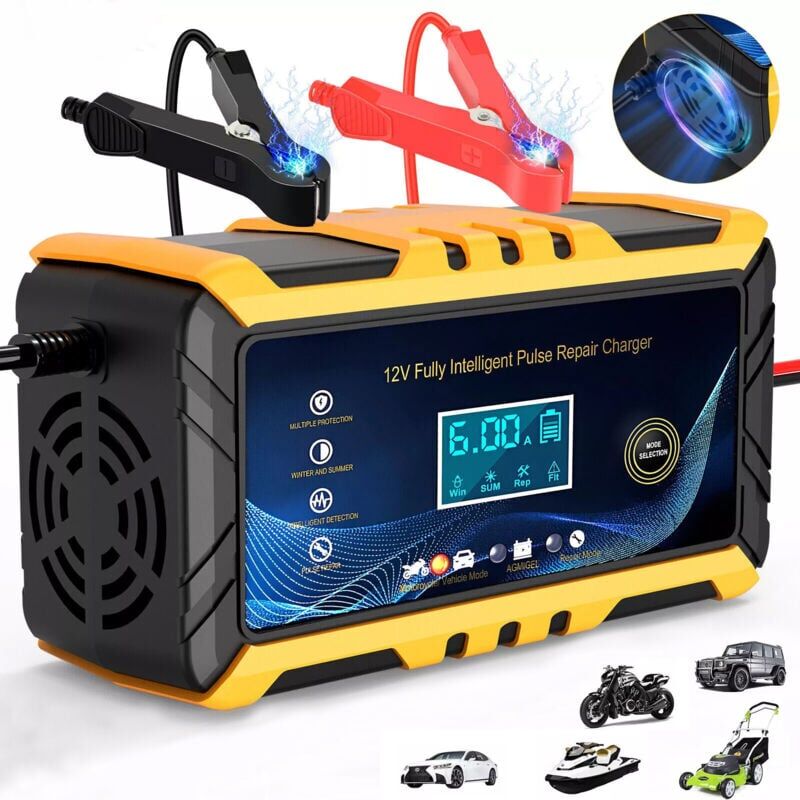 foto del prodotto ymyny caricabatteria per auto crediri caricabatteria intelligente 12v 6a, display lcd, mantenitore di carica della batteria, nero giallo