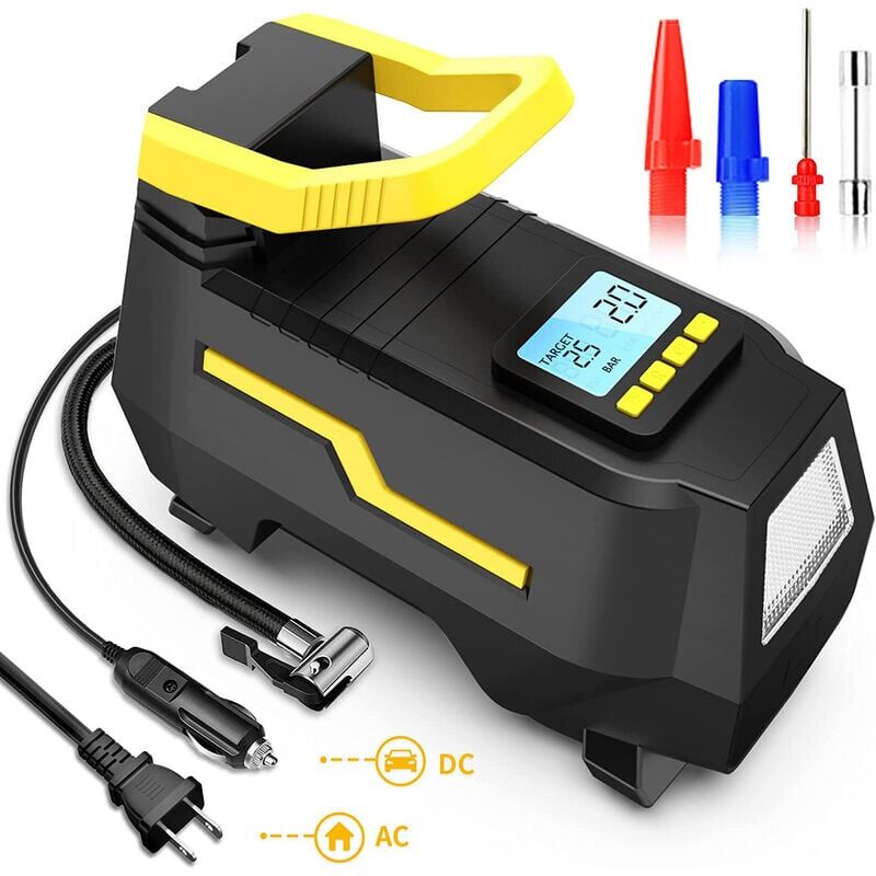 foto del prodotto ymyny compressore d aria elettrico portatile da 150 psi, pompa d aria digitale, mini pompa per bici dc 12 v e ac 220 v con luce led e display lcd