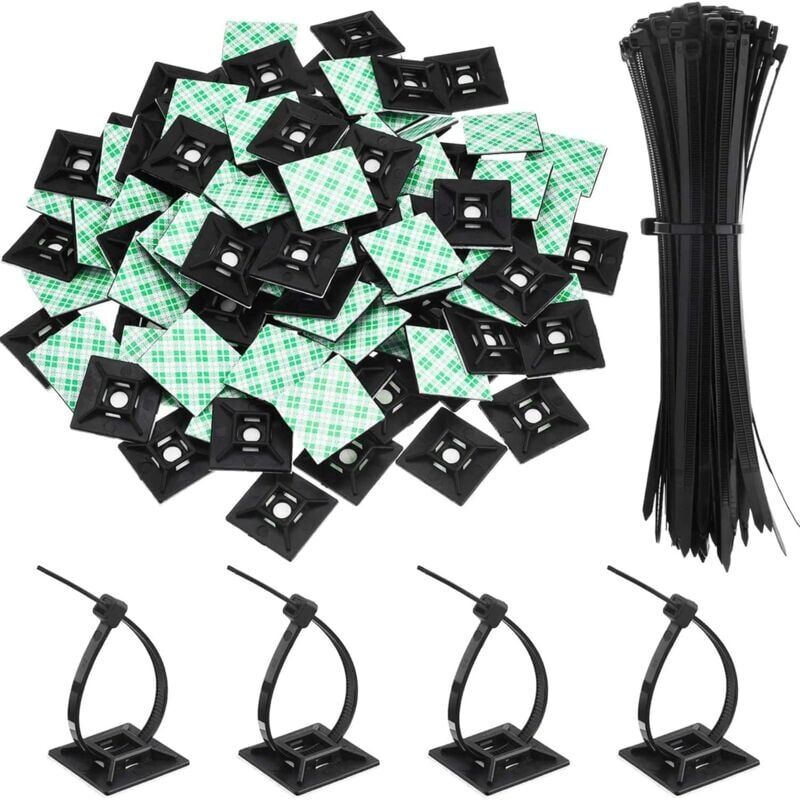 foto del prodotto ymyny confezione da 100 fascette adesive, supporti autoadesivi per fascette con clip universale multiuso per cavi, neri lunghezza 150 mm,