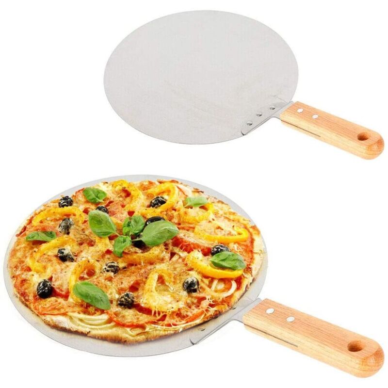 foto del prodotto ymyny crediri 25,5 cm pala per pizza rotonda in acciaio inox con manico in legno per cuocere pizza, pane, torte e biscotti