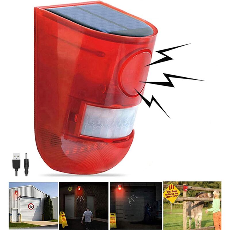 foto del prodotto ymyny - crediri allarme sonoro e luminoso alimentato ad energia solare con sensore di movimento, sirena da 110 decibel, allarme sonoro e flash stroboscopico a 6 led, sistema di allarme di sicurezza per fattor