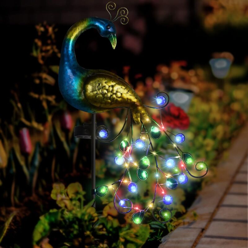 foto del prodotto ymyny crediri luce solare da giardino, statua di pavone in metallo, luce solare per esterni, illuminazione impermeabile, luci da percorso