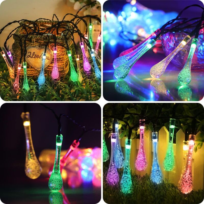 foto del prodotto ymyny crediri luci solari a catena, 50 led, 9,5 m, colorate, per esterni, 8 modalit , impermeabili, a forma di goccia d acqua, per giardino,